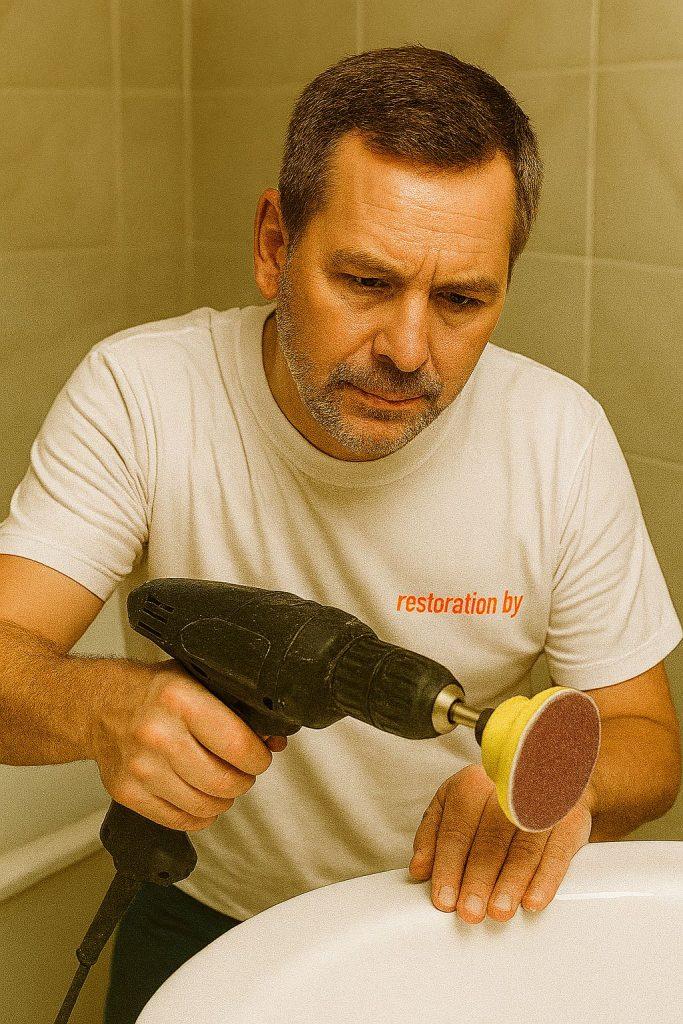 мастер шлифует старую ванну дрелью