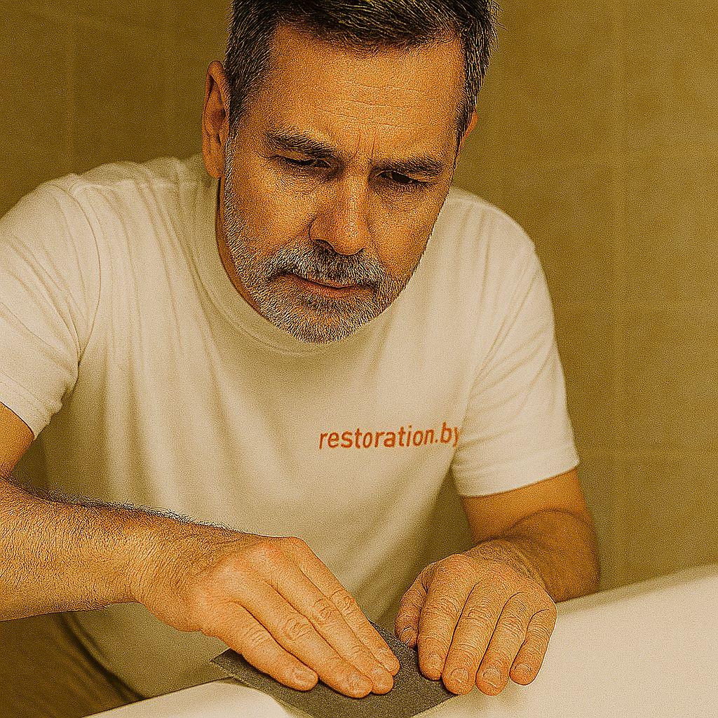 мастер шлифует старую ванну