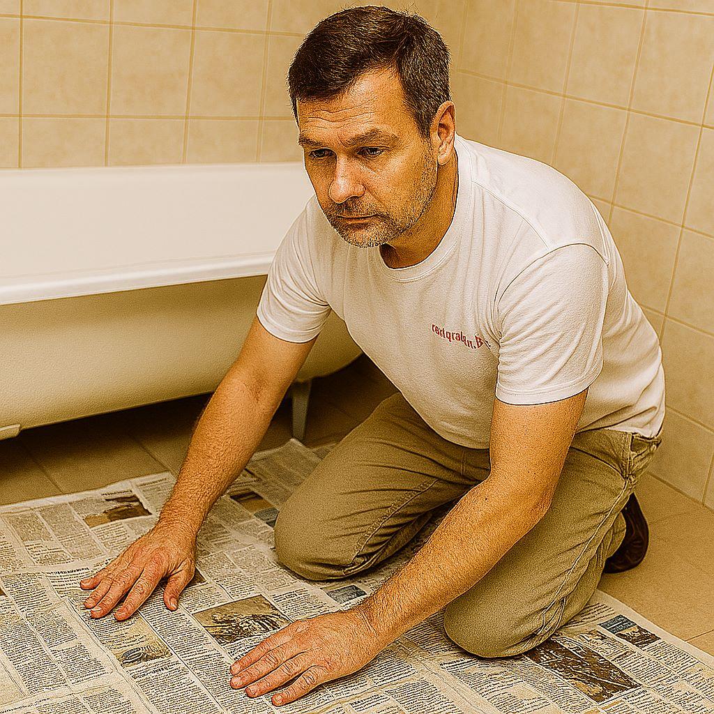 мастер реставратор ванн застилает пол ванны газетой