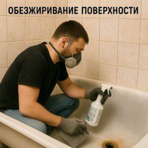 мастер обезжиривает чугунную ванну