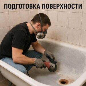 мастер шлифует чугунную ванну